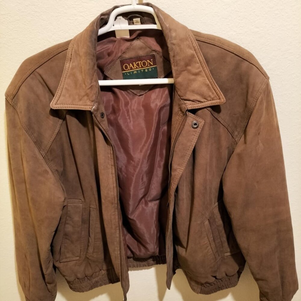 Oakton Limited Men Brown Suede Leather Vintage Full Zip Bomber Jacket Size L